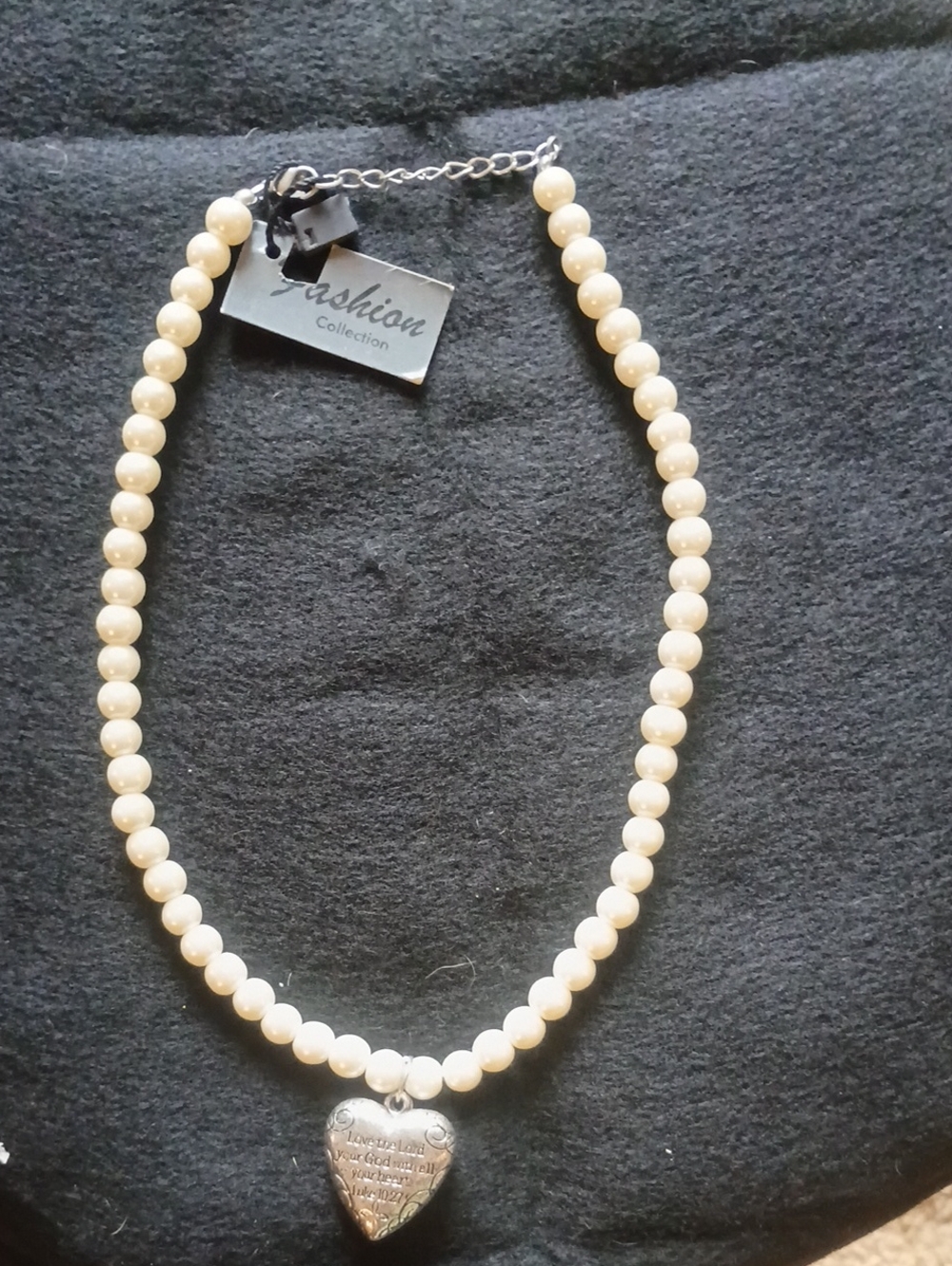 White Pearl Necklace with Heart Pendant Has Scripture Luke 10.27